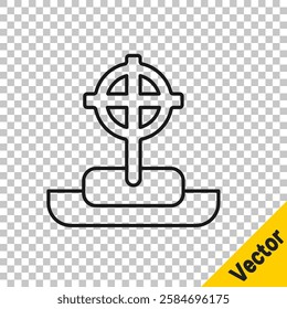 Black line Tombstone with cross icon isolated on transparent background. Grave icon. Happy Halloween party.  Vector