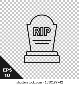 Black line Tombstone with RIP written on it icon isolated on transparent background. Grave icon.  Vector Illustration