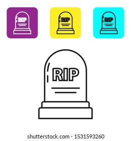 Black line Tombstone with RIP written on it icon isolated on white background. Grave icon. Set icons colorful square buttons. Vector Illustration