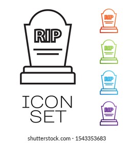 Black line Tombstone with RIP written on it icon isolated on white background. Grave icon. Set icons colorful. Vector Illustration