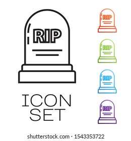Black line Tombstone with RIP written on it icon isolated on white background. Grave icon. Set icons colorful. Vector Illustration