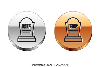 Black line Tombstone with RIP written on it icon isolated on white background. Grave icon. Silver-gold circle button. Vector Illustration