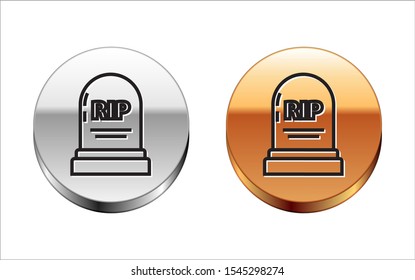 Black line Tombstone with RIP written on it icon isolated on white background. Grave icon. Silver-gold circle button. Vector Illustration
