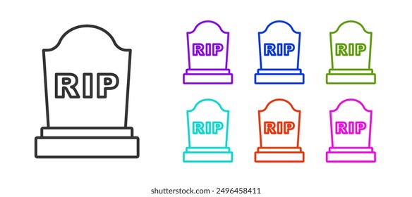 Black line Tombstone with RIP written on it icon isolated on white background. Grave icon. Set icons colorful. Vector