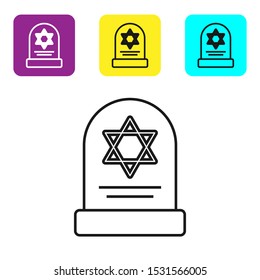 Black line Tombstone with star of david icon isolated on white background. Jewish grave stone. Gravestone icon. Set icons colorful square buttons. Vector Illustration