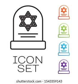 Black line Tombstone with star of david icon isolated on white background. Jewish grave stone. Gravestone icon. Set icons colorful. Vector Illustration