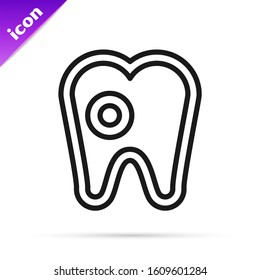 Black line Tooth with caries icon isolated on white background. Tooth decay.  Vector Illustration