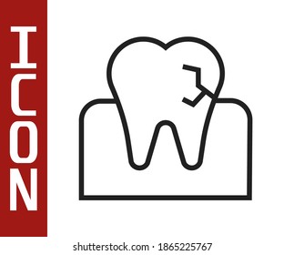 Línea negra Diente con icono de caries aislado en fondo blanco. Descomposición dental.  Vector