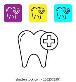 Black line Tooth icon isolated on white background. Tooth symbol for dentistry clinic or dentist medical center and toothpaste package. Set icons colorful square buttons. Vector Illustration