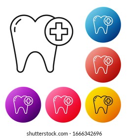 Black line Tooth icon isolated on white background. Tooth symbol for dentistry clinic or dentist medical center and toothpaste package. Set icons colorful circle buttons. Vector Illustration