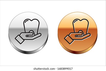 Icono de diente de línea negra aislado en fondo blanco. Símbolo dental para clínica odontológica o centro médico odontológico y paquete de pasta dentífrica. Botón del círculo dorado plateado. Ilustración vectorial