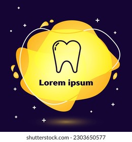 Icono de diente de línea negra aislado en fondo azul. Símbolo dental para clínica odontológica o centro médico odontológico y paquete de pasta dental. Pancarta abstracta con formas líquidas. Ilustración vectorial
