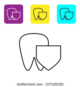 Black line Tooth with shield icon isolated on white background. Dental insurance. Security, safety, protection, protect concept. Set icons colorful square buttons. Vector Illustration