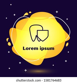 Black line Tooth with shield icon isolated on blue background. Dental insurance. Security, safety, protection, protect concept. Abstract banner with liquid shapes. Vector Illustration