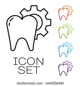 Black line Tooth treatment procedure icon isolated on white background. Tooth repair with gear. Set icons colorful. Vector Illustration