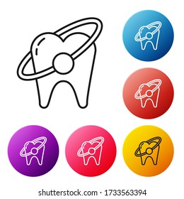 Black line Tooth whitening concept icon isolated on white background. Tooth symbol for dentistry clinic or dentist medical center. Set icons colorful circle buttons. Vector Illustration