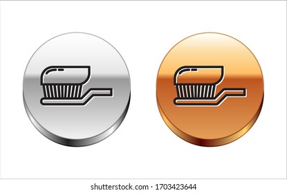 Línea negra Pincel de dientes con icono de pasta dental aislado en fondo blanco. Botón del círculo dorado plateado. Ilustración vectorial