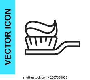 Black line Toothbrush with toothpaste icon isolated on white background.  Vector