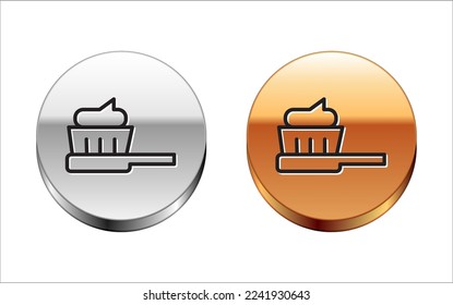 Schwarze Linie Zahnbürste mit Zahnpasta Symbol einzeln auf weißem Hintergrund. Silbergoldknöpfe. Vektorgrafik