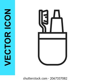 Black line Toothbrush and tube of toothpaste icon isolated on white background. Disposable bathroom supplies.  Vector