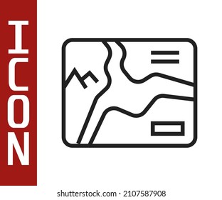 Black line Topographic map with route and coordinates icon isolated on white background.  Vector