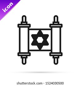 Black line Torah scroll icon isolated on white background. Jewish Torah in expanded form. Star of David symbol. Old parchment scroll.  Vector Illustration
