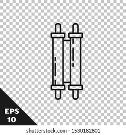 Black line Torah scroll icon isolated on transparent background. Jewish Torah in expanded form. Star of David symbol. Old parchment scroll.  Vector Illustration
