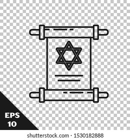 Black line Torah scroll icon isolated on transparent background. Jewish Torah in expanded form. Star of David symbol. Old parchment scroll.  Vector Illustration