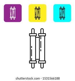 Black line Torah scroll icon isolated on white background. Jewish Torah in expanded form. Star of David symbol. Old parchment scroll. Set icons colorful square buttons. Vector Illustration