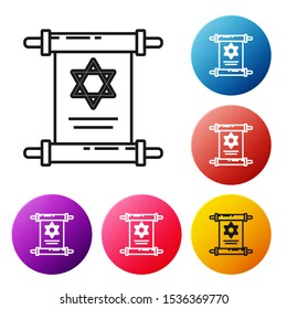 Black line Torah scroll icon isolated on white background. Jewish Torah in expanded form. Star of David symbol. Old parchment scroll. Set icons colorful circle buttons. Vector Illustration