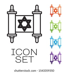 Black line Torah scroll icon isolated on white background. Jewish Torah in expanded form. Star of David symbol. Old parchment scroll. Set icons colorful. Vector Illustration