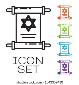 Black line Torah scroll icon isolated on white background. Jewish Torah in expanded form. Star of David symbol. Old parchment scroll. Set icons colorful. Vector Illustration
