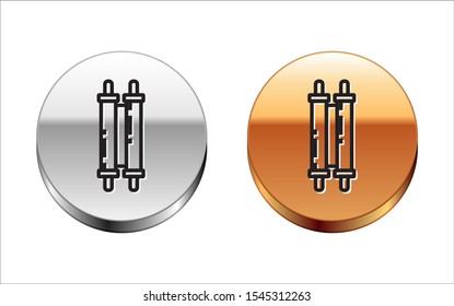 Black line Torah scroll icon isolated on white background. Jewish Torah in expanded form. Star of David symbol. Old parchment scroll. Silver-gold circle button. Vector Illustration
