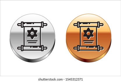 Black line Torah scroll icon isolated on white background. Jewish Torah in expanded form. Star of David symbol. Old parchment scroll. Silver-gold circle button. Vector Illustration