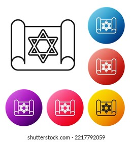 Black line Torah scroll icon isolated on white background. Jewish Torah in expanded form. Star of David symbol. Old parchment scroll. Set icons colorful circle buttons. Vector
