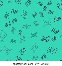 Black line Torah scroll icon isolated seamless pattern on green background. Jewish Torah in expanded form. Star of David symbol. Old parchment scroll.  Vector