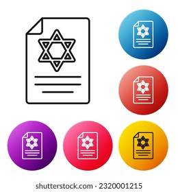 Black line Torah scroll icon isolated on white background. Jewish Torah in expanded form. Star of David symbol. Old parchment scroll. Set icons colorful circle buttons. Vector