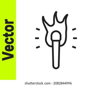 Icono de llama de la antorcha de línea negra aislado en fondo blanco. Bomba de símbolo caliente, potencia de llama, inflamación y calor.  Vector