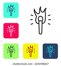 Black line Torch flame icon isolated on white background. Symbol fire hot, flame power, flaming and heat. Set icons in color square buttons. Vector