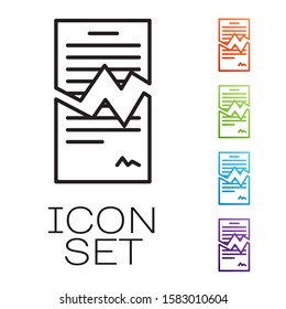 Black line Torn contract icon isolated on white background. File icon. Checklist icon. Business concept. Set icons colorful. Vector Illustration