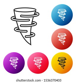 Black line Tornado icon isolated on white background. Set icons colorful circle buttons. Vector Illustration