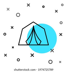 Black line Tourist tent icon isolated on white background. Camping symbol. Random dynamic shapes. Vector