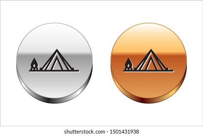 Black line Tourist tent with wood fire icon isolated on white background. Camping symbol. Silver-gold circle button. Vector Illustration
