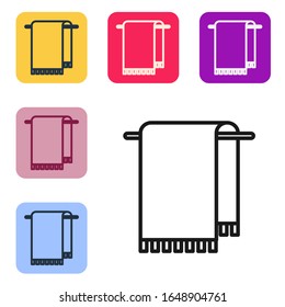 Black line Towel on a hanger icon isolated on white background. Bathroom towel icon. Set icons in color square buttons. Vector Illustration