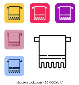 Black line Towel on a hanger icon isolated on white background. Bathroom towel icon. Set icons in color square buttons. Vector Illustration