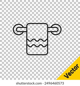 Black line Towel on a hanger icon isolated on transparent background. Bathroom towel icon.  Vector
