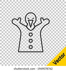 Black line Toy puppet doll on hand icon isolated on transparent background.  Vector