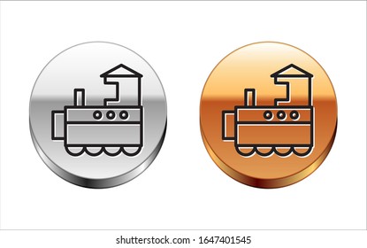 Black line Toy train icon isolated on white background. Silver-gold circle button. Vector Illustration