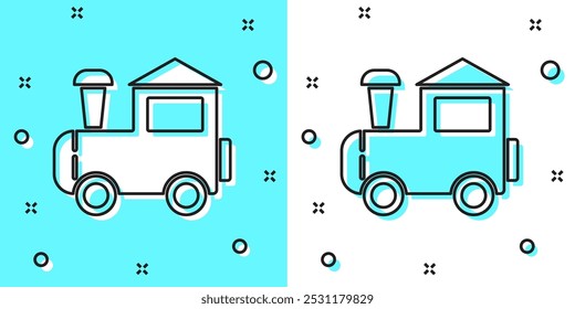 Black line Toy train icon isolated on green and white background. Random dynamic shapes. Vector