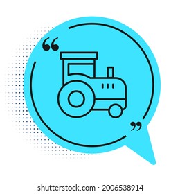 Black line Tractor icon isolated on white background. Blue speech bubble symbol. Vector